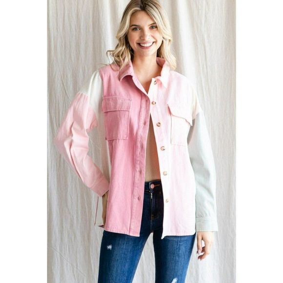 JODIFL Tops - Jodifl Colorblock Utility Jacket Button Up Shirt Top Pink Grey New S-L G5781